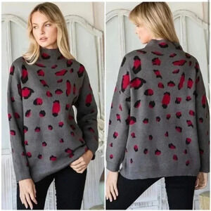 BNWT Charcoal and red Leopard mock turtleneck sweater
